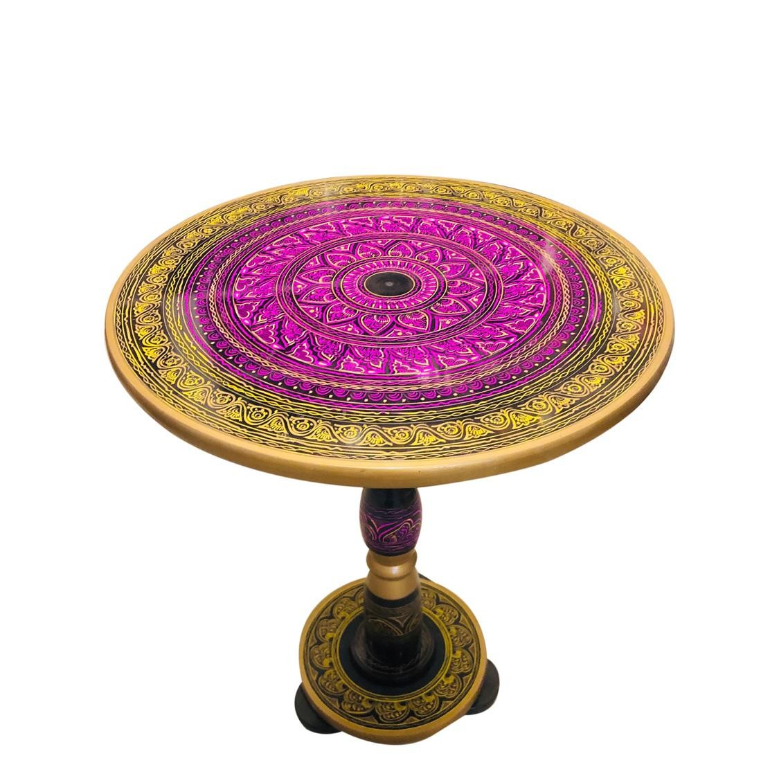 Handmade Wooden Coffee Table Pink And Golden with Nakshi Art Work | Elegant Traditional Design